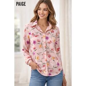 PAIGE Floral Blouse Women Medium Pink Long Sleeve Button Front Lightweight